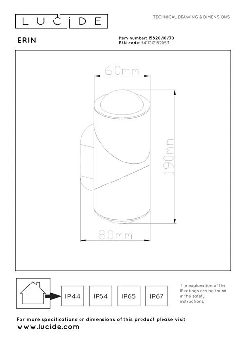Lucide ERIN - Wall spotlight / Wall light Indoor/Outdoor - LED - 2x5W 2700K - IP65 - Black - technical